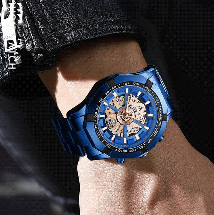 Trendy Openwork Skeleton Watch – 45 mm Quartz, 30 m Water Resistant